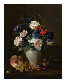 Antoine Vollon - Assorted Flowers In A Vase With Grapes And A Peach On A Table