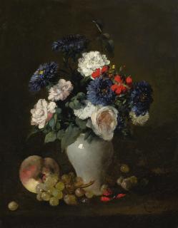 Antoine Vollon - French flowers In A Vase With Grapes And A Peach On A Table