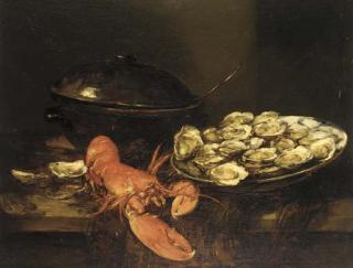 Antoine Vollon - Oysters, a lobster, and a soup tureen on a table