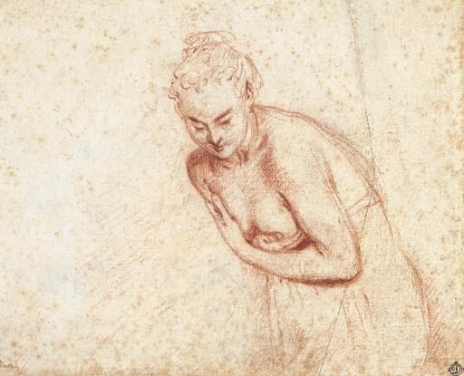 Antoine Watteau - A female nude, half-length, leaning forward, her arms before her breasts