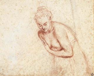 Antoine Watteau - A female nude, half-length, leaning forward, her arms before her breasts
