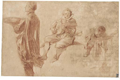 Antoine Watteau - A footman with a tray, a seated guitarist, and a boy stooping