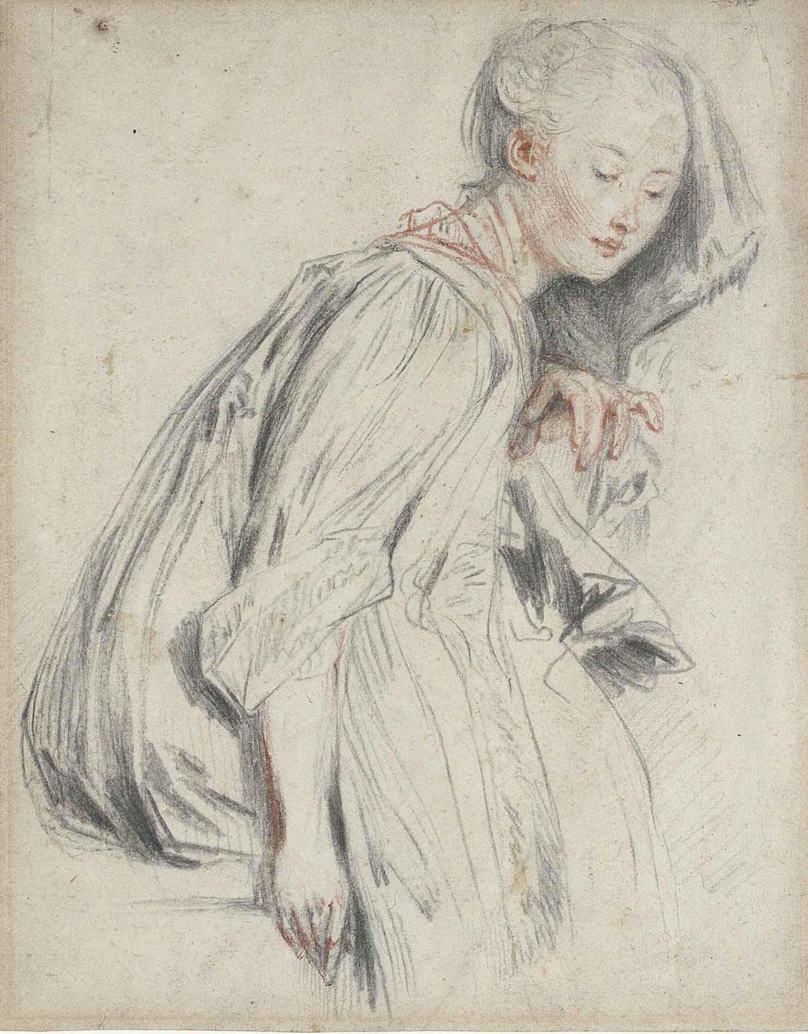 Antoine Watteau - A seated young woman, in a loose robe, her eyes downcast