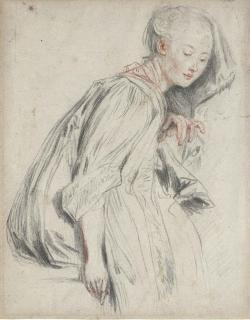 Antoine Watteau - A seated young woman, in a loose robe, her eyes downcast