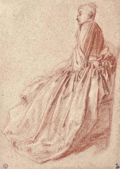 Antoine Watteau - A woman in a long dress, seated in profile to the left