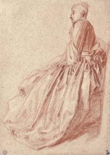 Antoine Watteau - A woman in a long dress, seated in profile to the left