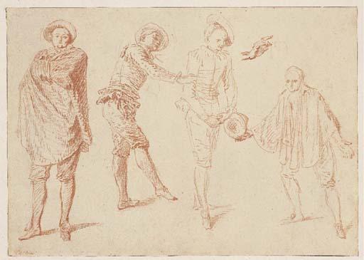 Antoine Watteau - Four studies of actors from the Comédie Française, and a study of a raised right hand