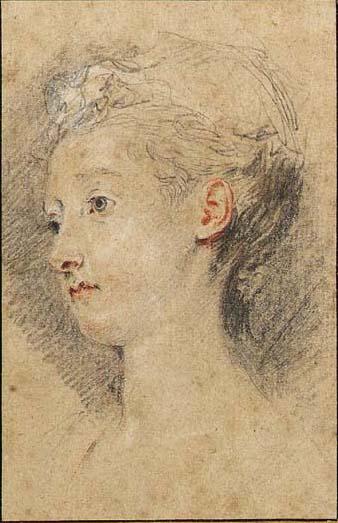 Antoine Watteau - Head of a young girl turned to the left