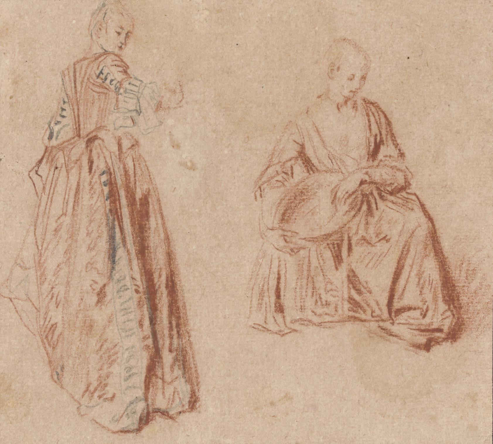 Antoine Watteau - Studies of two girls: one seen from behind looking over her right shoulder, the other seated, holding a basket