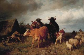Anton Braith - Cows and sheep in a field