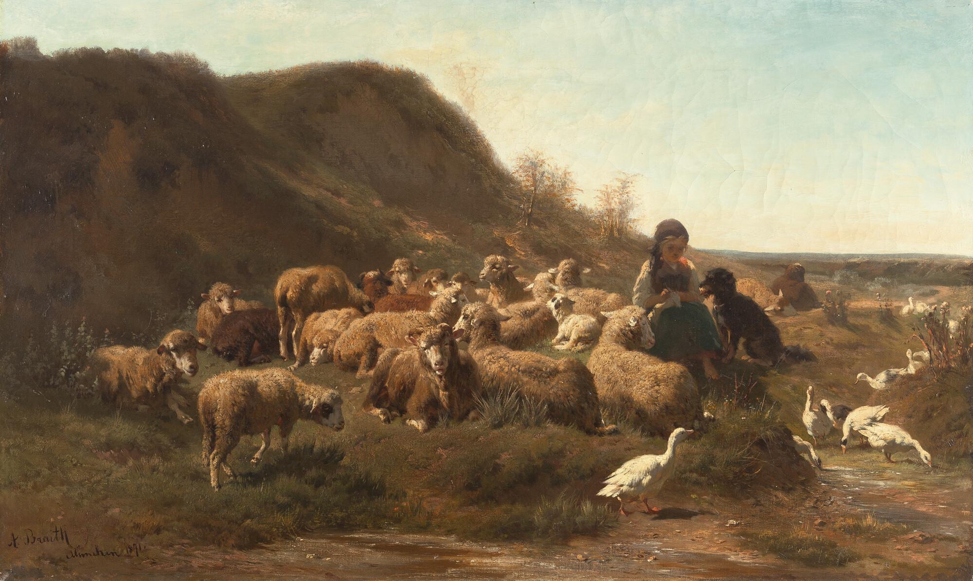 Anton Braith - Junge Hirtin mit Gänsen und Schafen