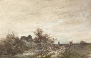 Anton Burger - Flusslandschaft mit ländlichem Anwesen.