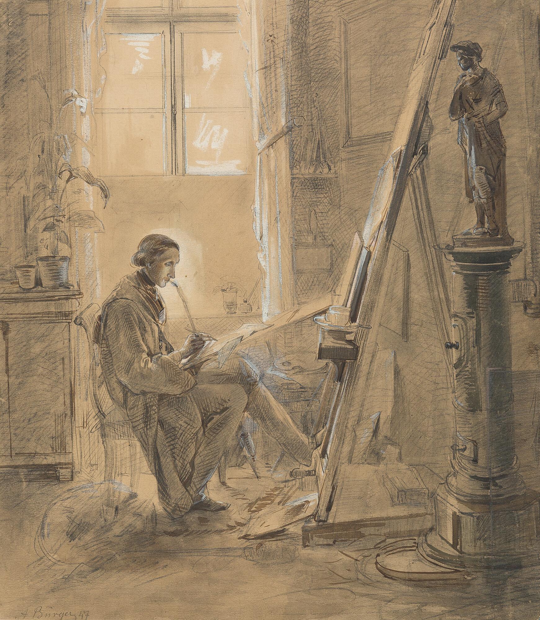 Anton Burger - Selbstbildnis des Künstlers, im Atelier zeichnend.