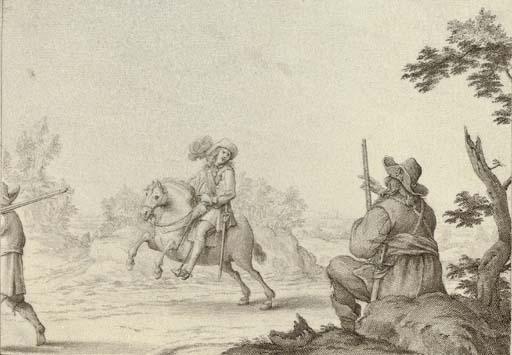 Anton Crussens - A seated musketeer saluting a cavalier on a track