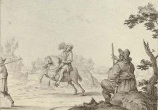 Anton Crussens - A seated musketeer saluting a cavalier on a track