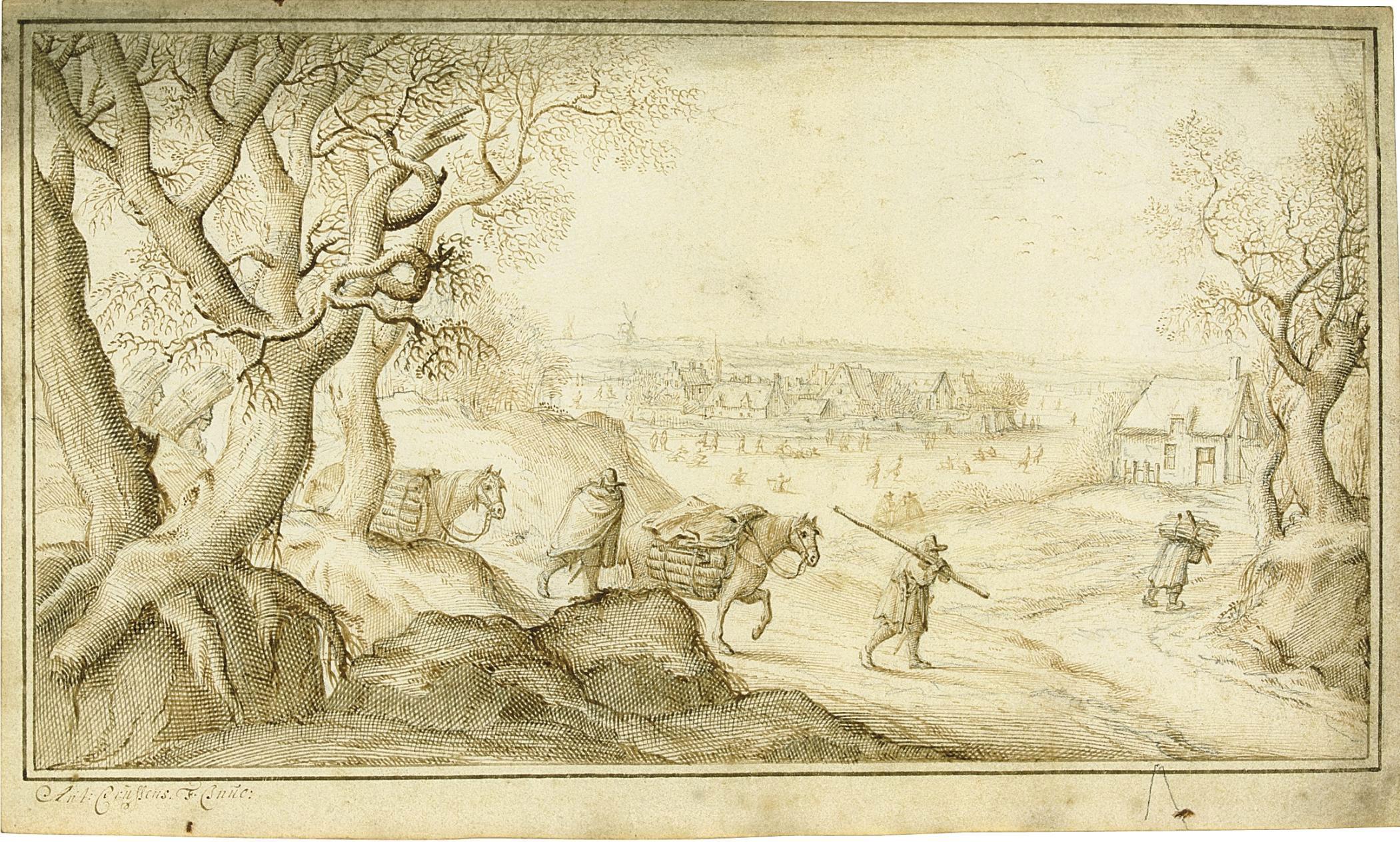 Anton Crussens - Travellers with their horses in a winter landscape, skaters on a frozen pond beyond