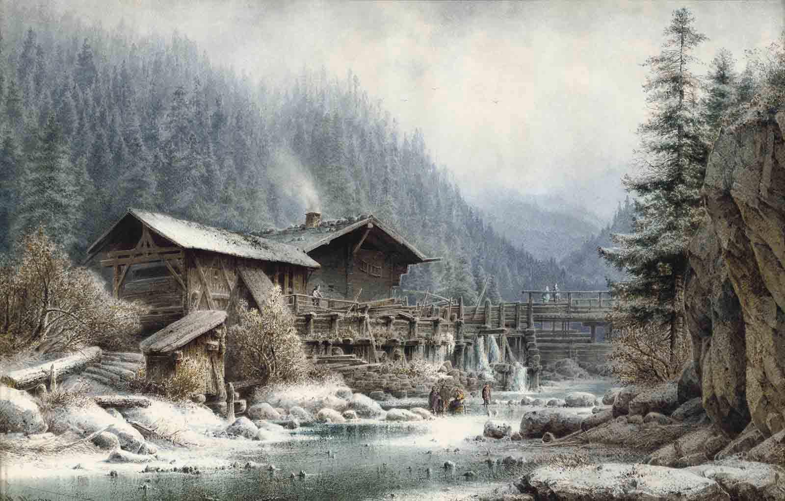 Anton Doll - Figures on a frozen river before a Bavarian chalet
