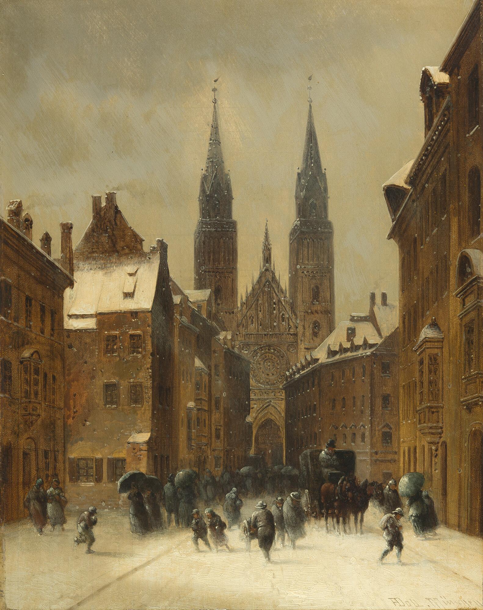 Anton Doll - Nürnberg: Karolinenstraße mit Lorenzkirche im Winter.