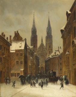 Anton Doll - Nürnberg: Karolinenstraße mit Lorenzkirche im Winter.