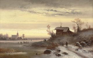 Anton Doll - Skaters on a frozen lake at dusk