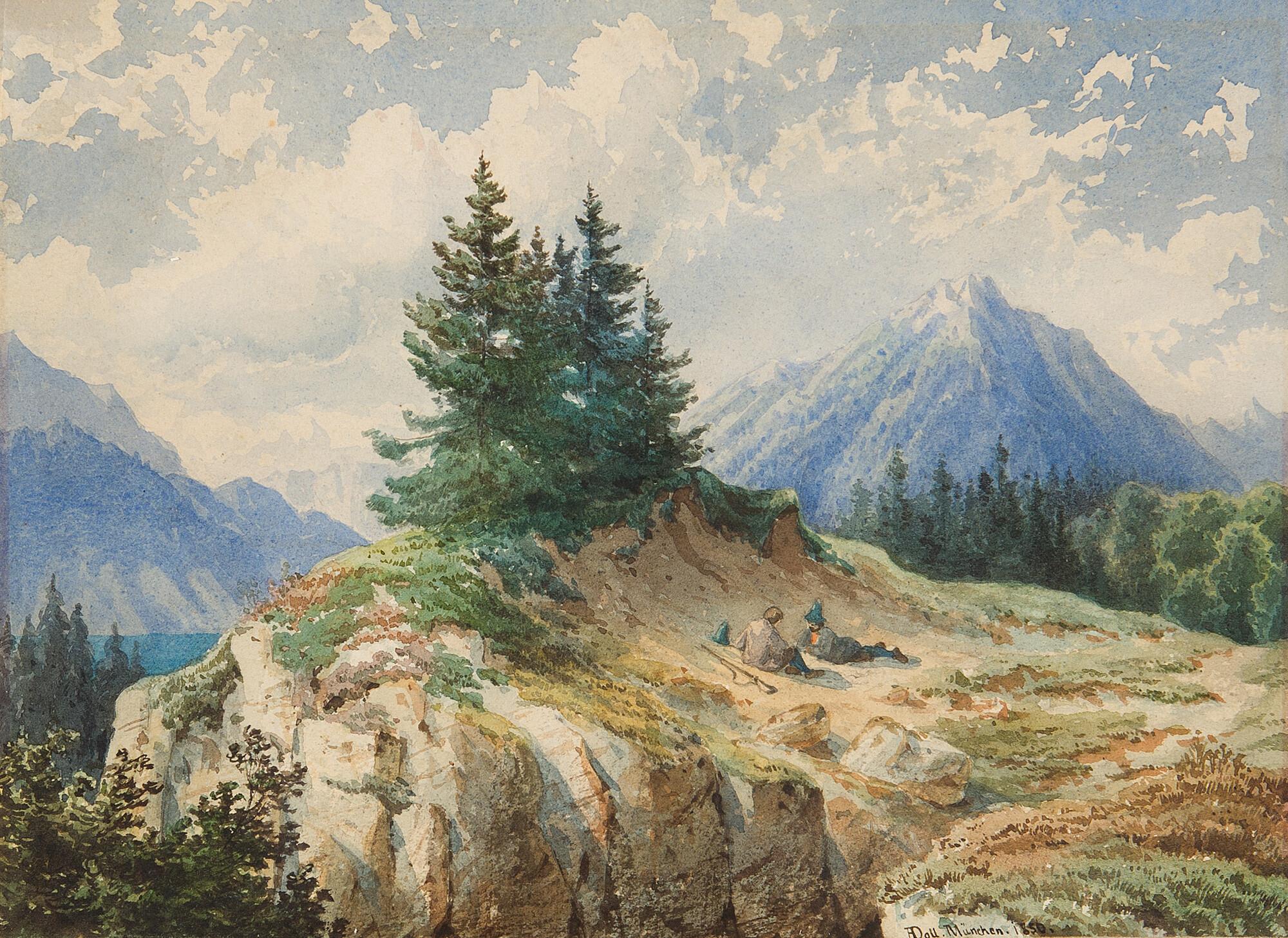 Anton Doll - Zwei Jäger bei der Rast über dem Achensee.