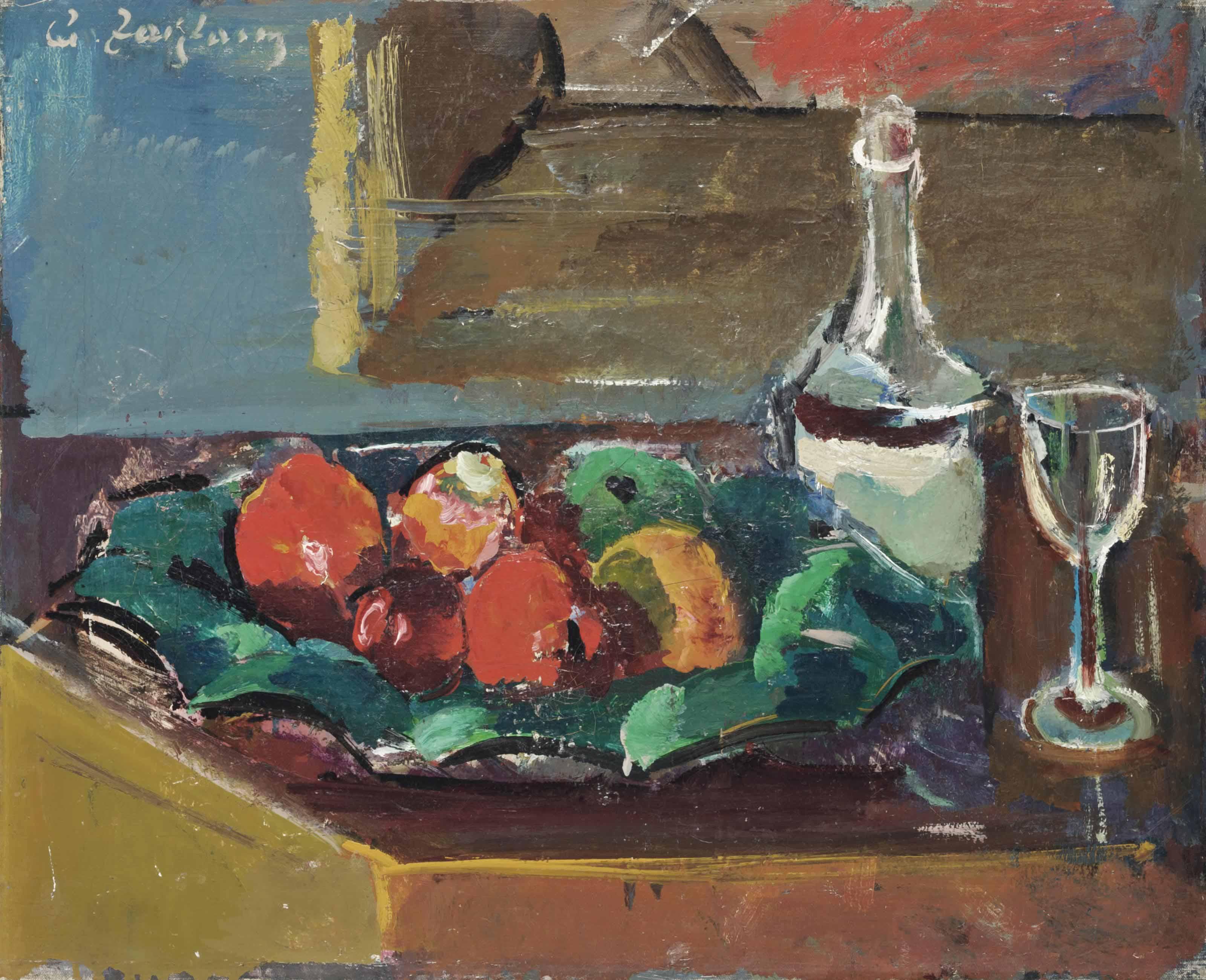 Anton Faistauer - Obststilleben mit Flasche und Glas