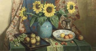 Anton Funke Küpper - Still life with sunflowers and fruit on a table