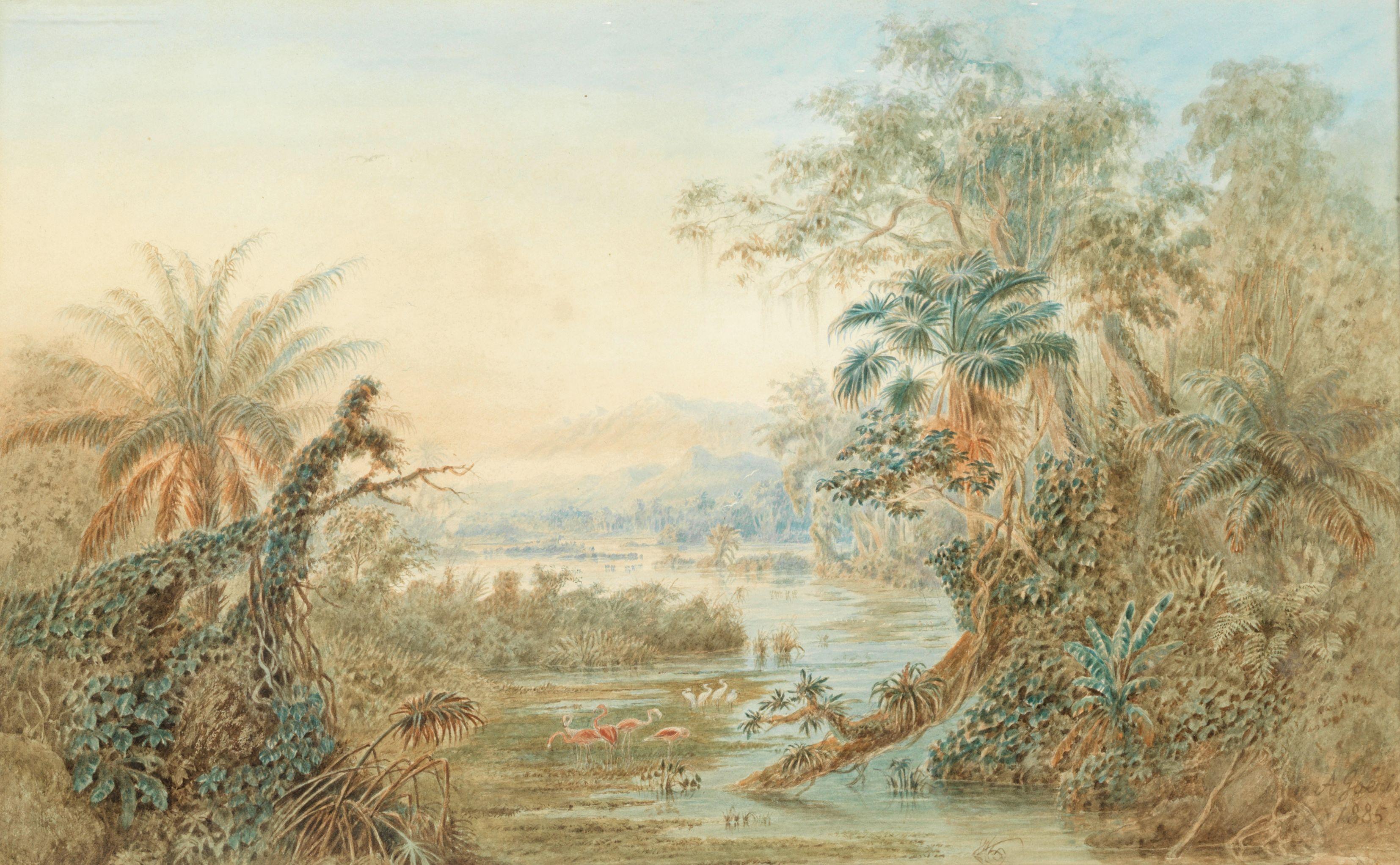 Anton Goering - Venezuelan wetlands with flamingos and herons