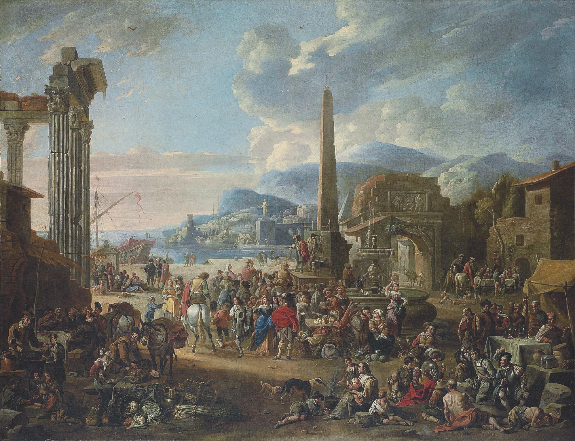 Anton Goubau - A capriccio of a mediterranean port with Roman ruins