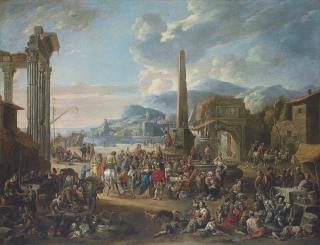 Anton Goubau - A capriccio of a mediterranean port with Roman ruins