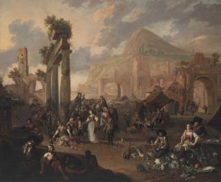 Anton Goubau - An Italianate classical landscape with figures gathered around a stage and peasants at a market, mountains beyond