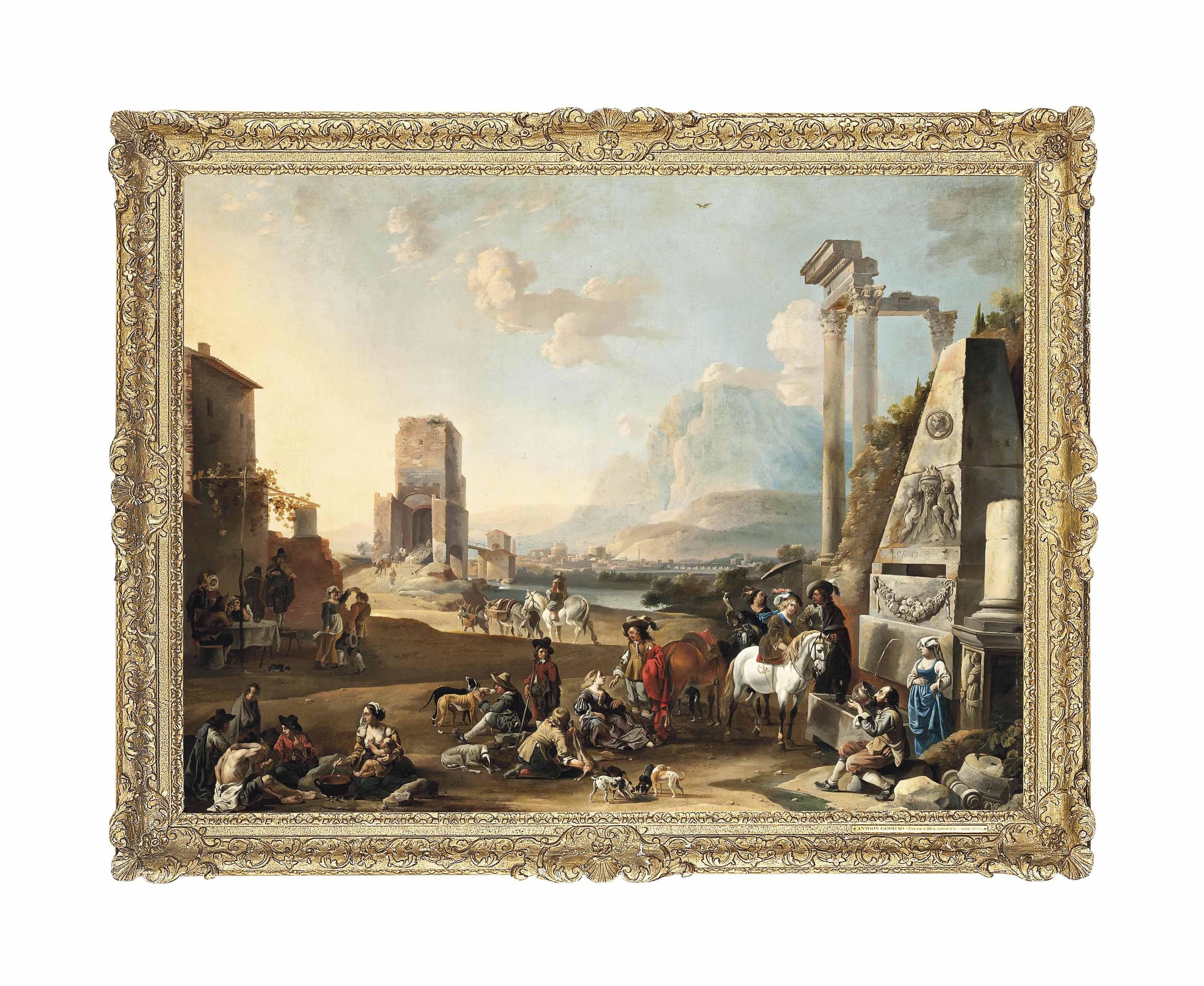 Anton Goubau - An Italianate classical landscape with figures resting near a fountain, others making merry, a town by a river beyond