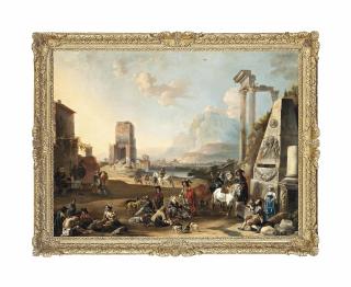 Anton Goubau - An Italianate classical landscape with figures resting near a fountain, others making merry, a town by a river beyond