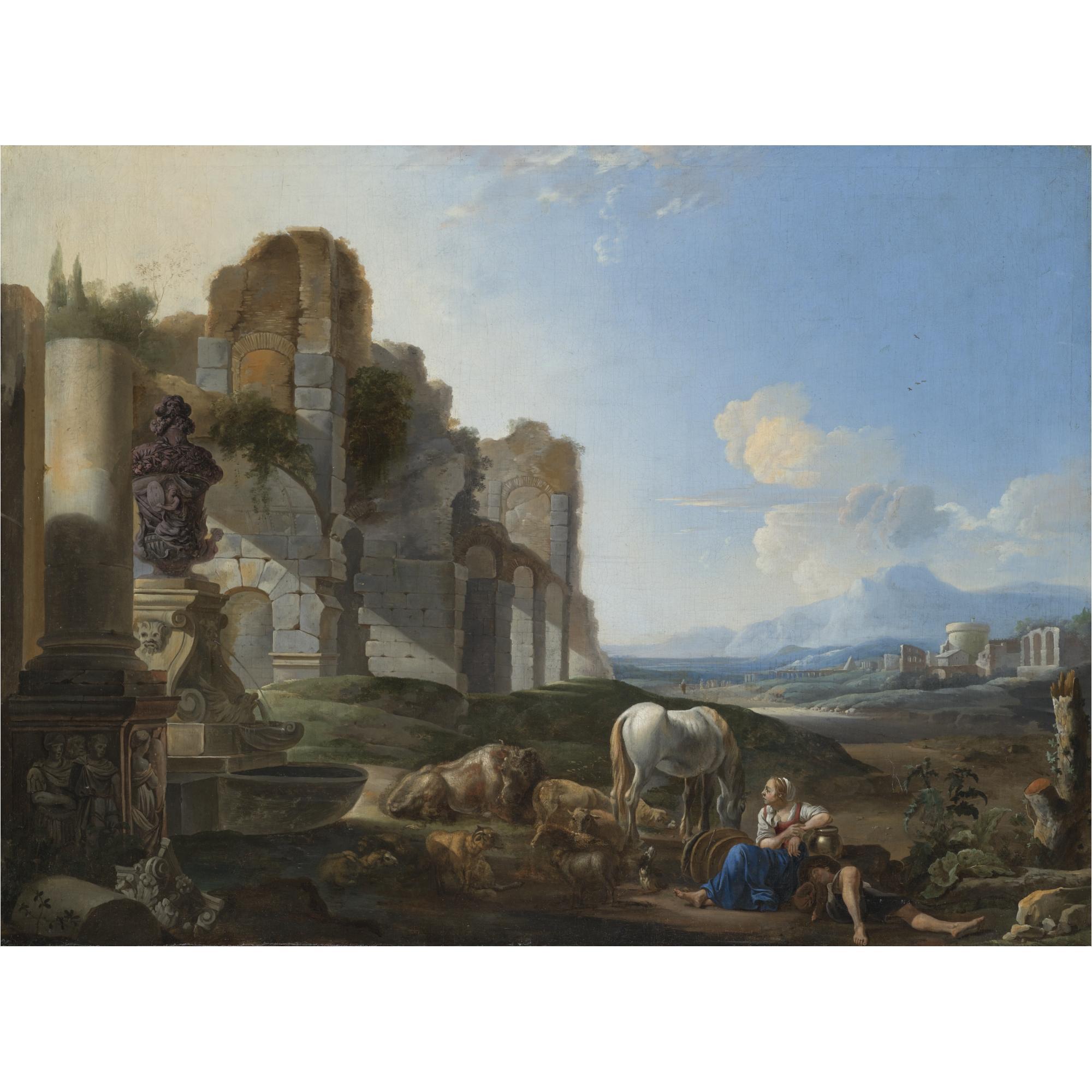 Anton Goubau - Italian Landscape With A Shepherdess And Ruins