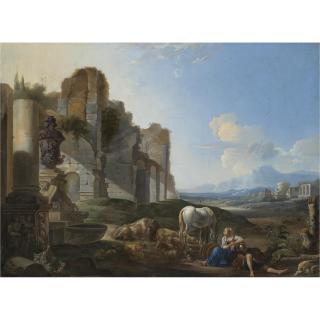 Anton Goubau - Italian Landscape With A Shepherdess And Ruins