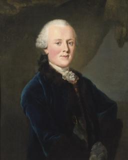 Anton Graff - Portrait of Julius Gebhard Count von Hoym (1721-1769), standing half-length, wearing a fur-lined blue coat