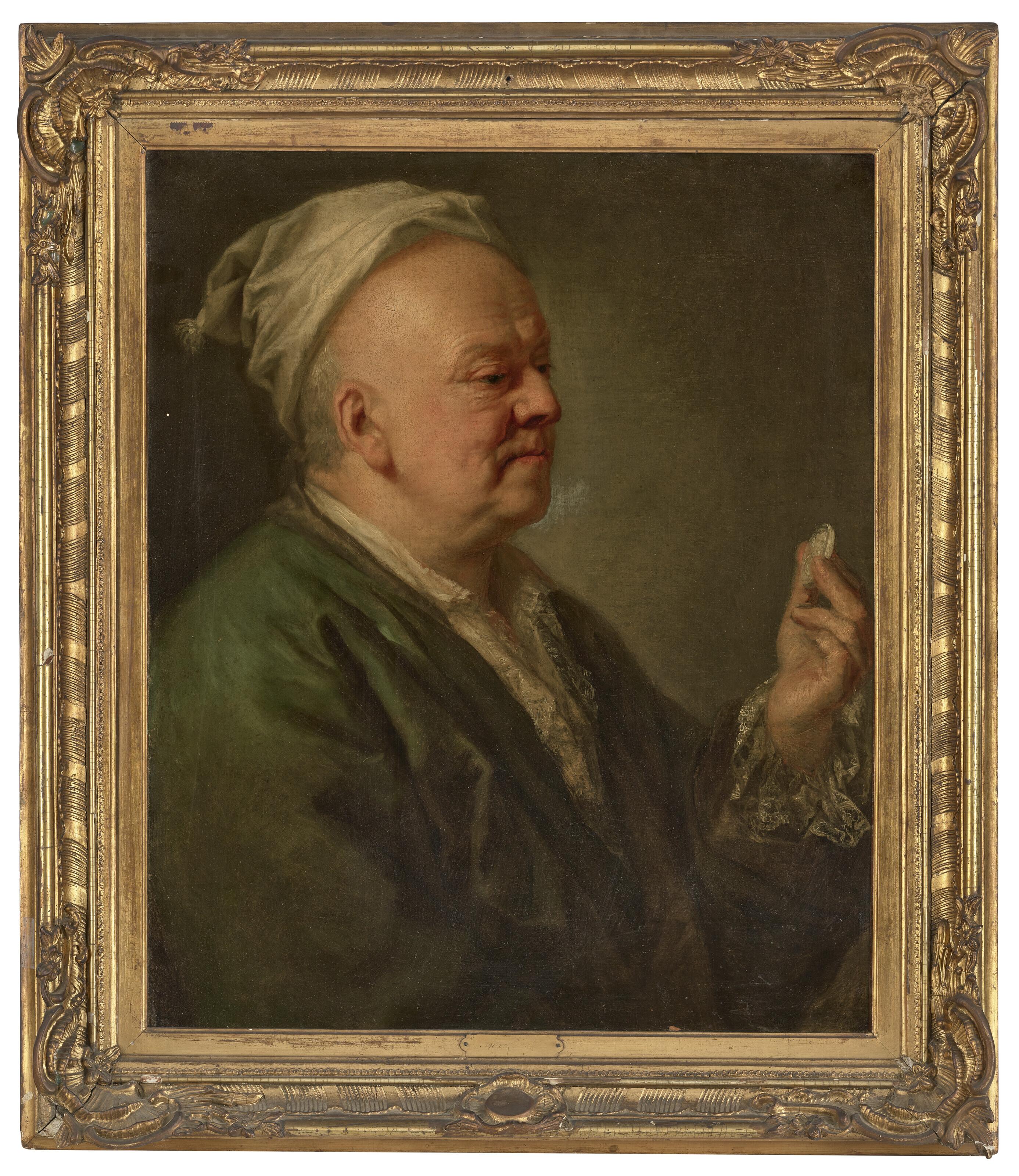 Anton Graff - Portrait of Philipp Daniel Lippert (1702-1785), half-length, in a green robe and white night-cap, holding a coin