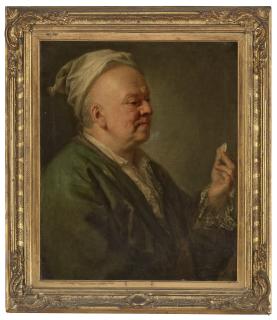 Anton Graff - Portrait of Philipp Daniel Lippert (1702-1785), half-length, in a green robe and white night-cap, holding a coin