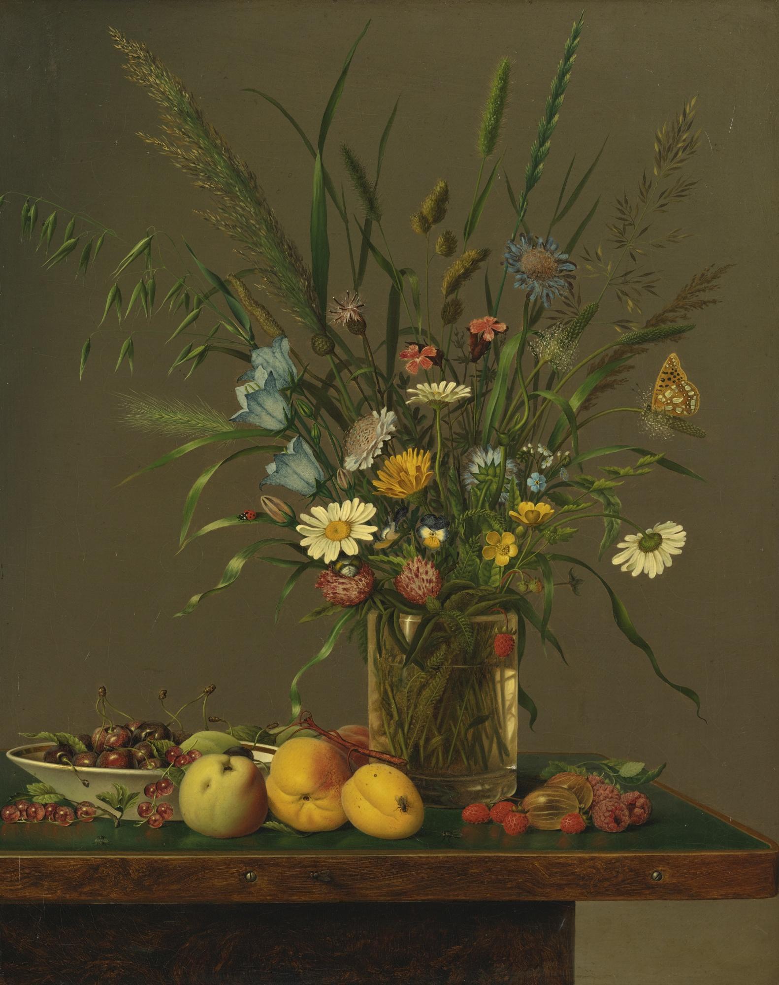 Anton Hartinger - Austrian Flowers In A Glass Vase And An Arrangement Of Fruit