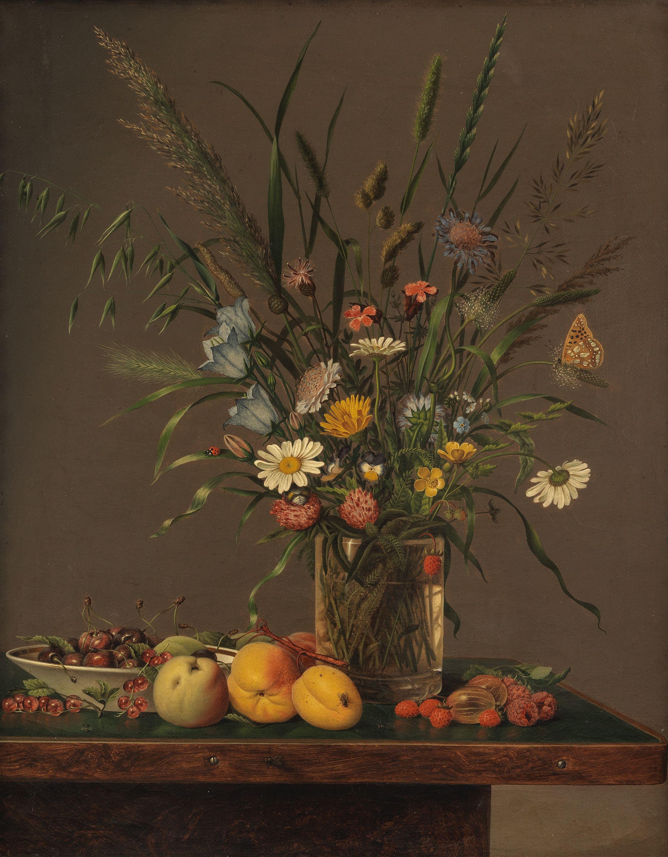 Anton Hartinger - Flowers in a glass vase and an arrangement of fruit