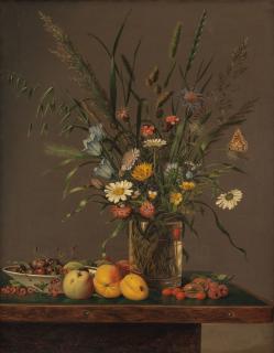 Anton Hartinger - Flowers in a glass vase and an arrangement of fruit