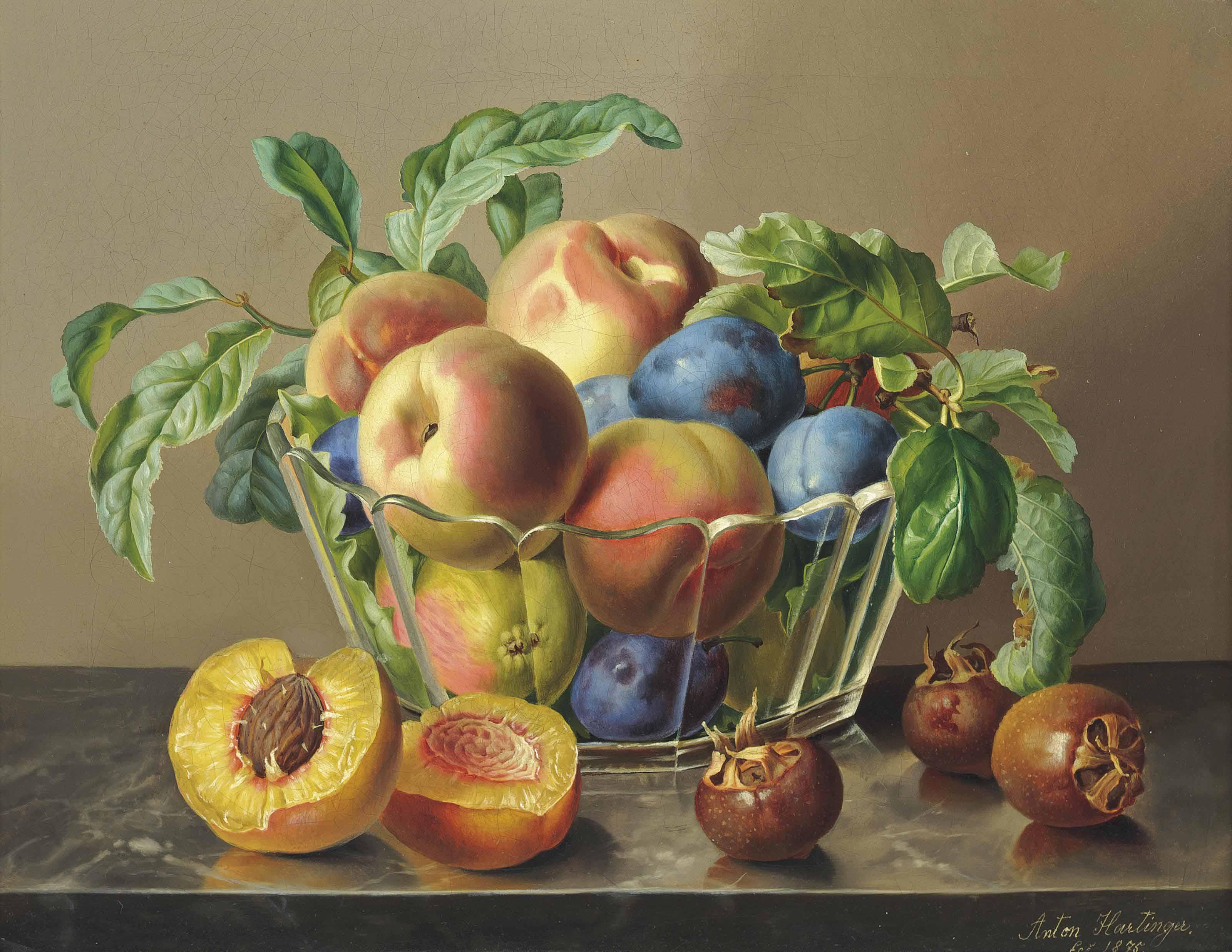 Anton Hartinger - Peaches, Plums And Apples In A Glass Bowl By Peaches On A Marble Ledge