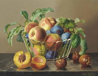 Anton Hartinger - Peaches, Plums And Apples In A Glass Bowl By Peaches On A Marble Ledge