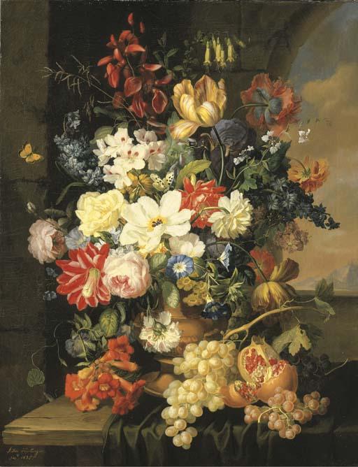 Anton Hartinger - Roses, morning glory, an iris and other flowers in a sculpted urn with grapes and a pomegranate on a partly-draped ledge