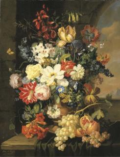 Anton Hartinger - Roses, morning glory, an iris and other flowers in a sculpted urn with grapes and a pomegranate on a partly-draped ledge