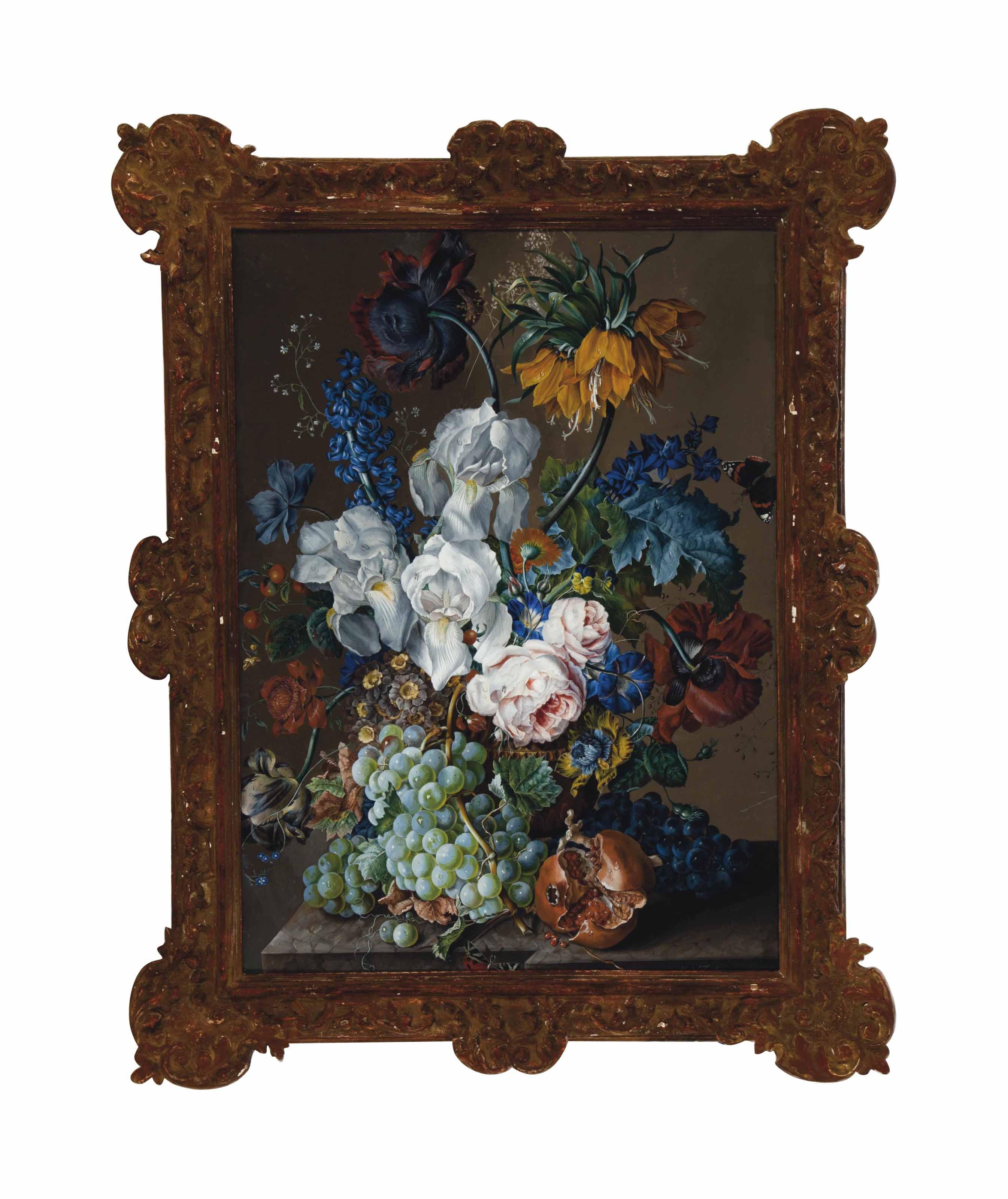 Anton Hartinger - Still life with flowers, pomegranate, grapes and butterflies