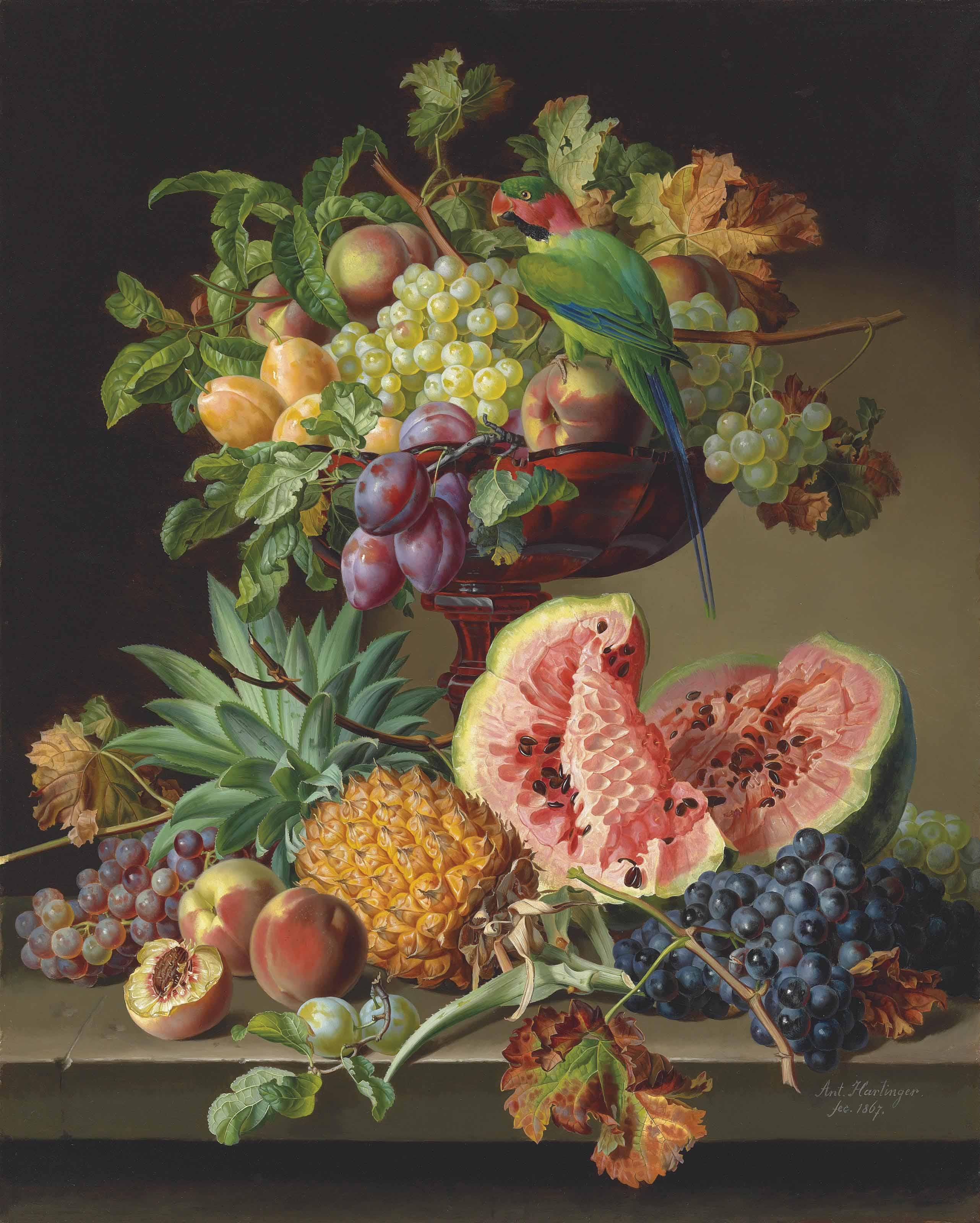 Anton Hartinger - Still life with fruit and a parrot