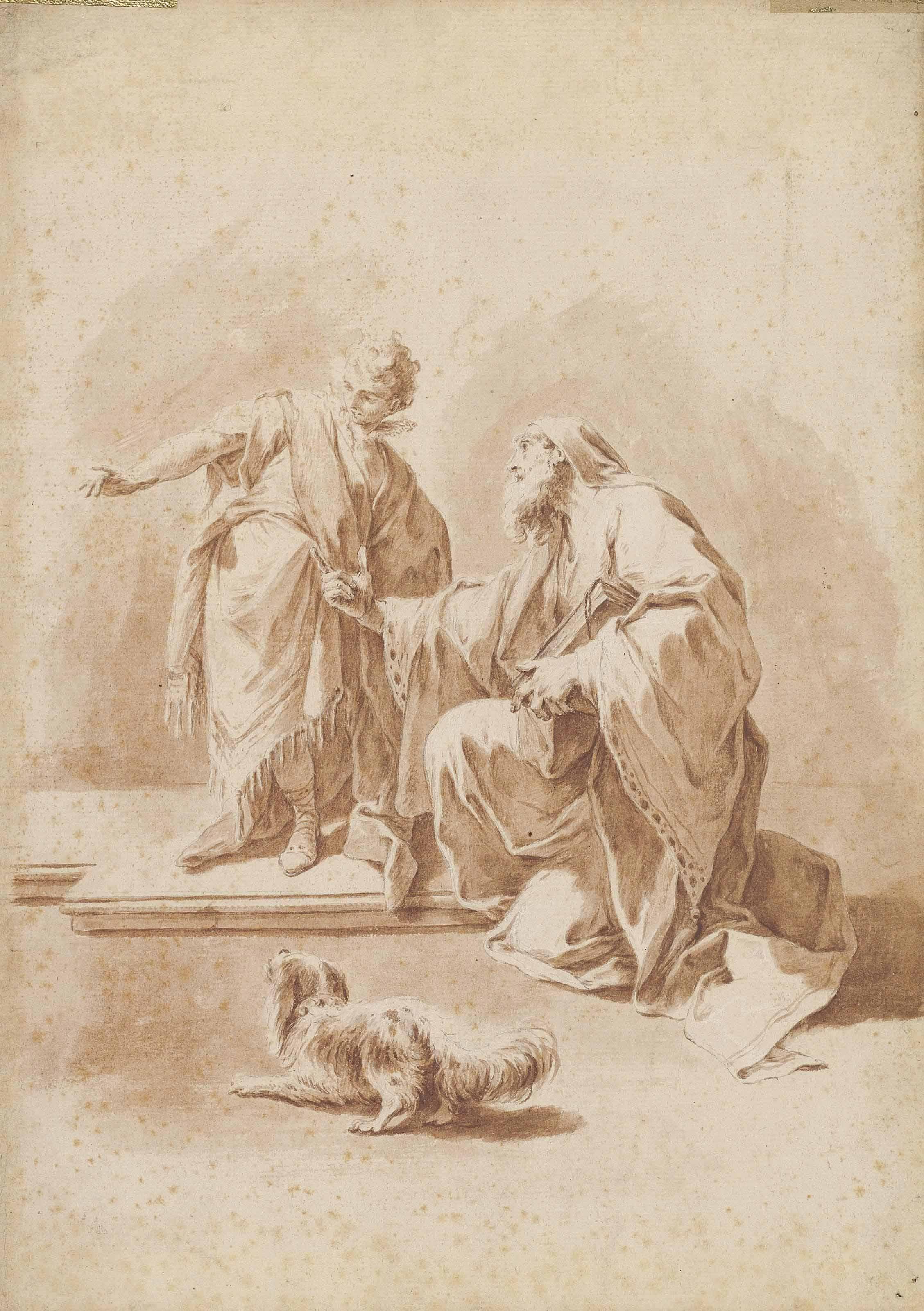 Anton Kern - An Old Bearded Man Kneeling And A Young Man Standing, A Dog In The Foreground, After Giovanni Battista Pittoni