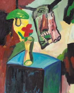 Anton Martineau - A still life with a flower in a vase and a horse\'s head