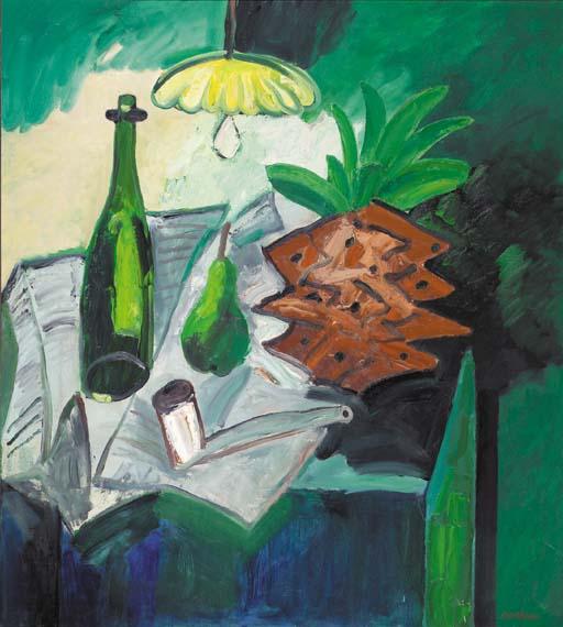 Anton Martineau - A still life with a pineapple, a bottle, a pear and a pipe on a table